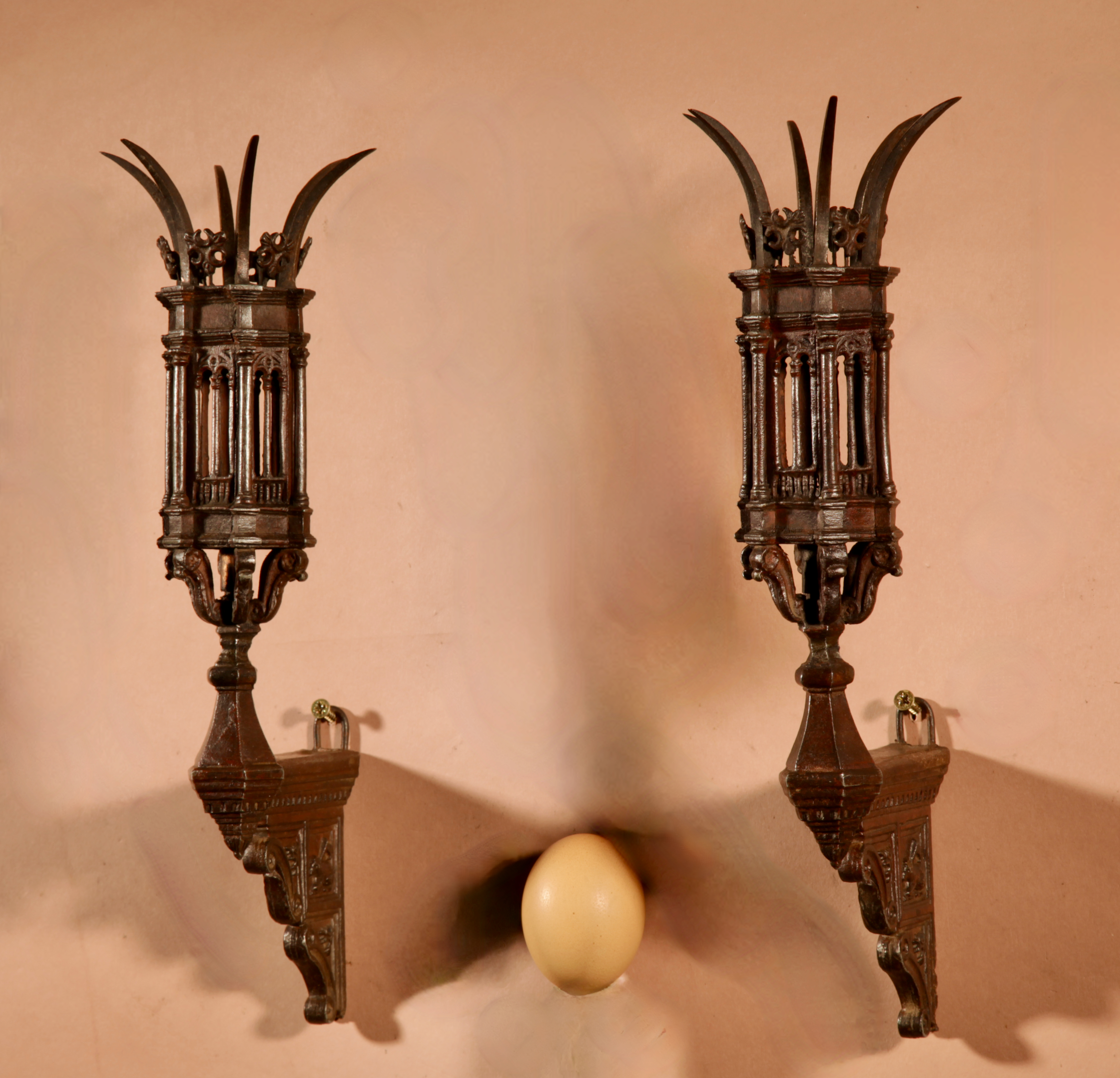 Interesting Very Fine Cast Pair Of Small White Metal God Lamps / Lanterns